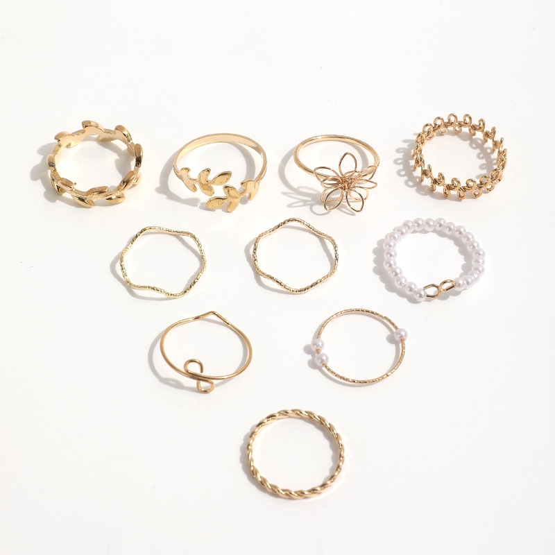 Bohemian Hollow Flower Ring Set Glossy Leaf Vine Design Imitation Pearl Jewelry 1Set Stackable Set Boho Birthdday Gift - Image 2