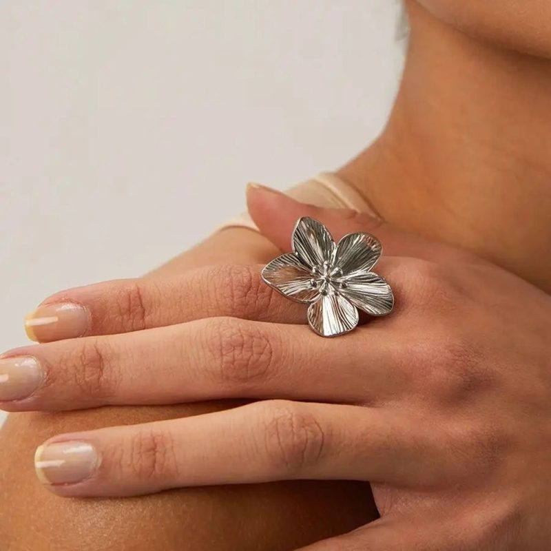 Elegant Stainless Steel Big Bloom Flower Rings For Women Gold Color New Style Open Rings Finger Jewelry Wedding Her Gift Punk - Image 2