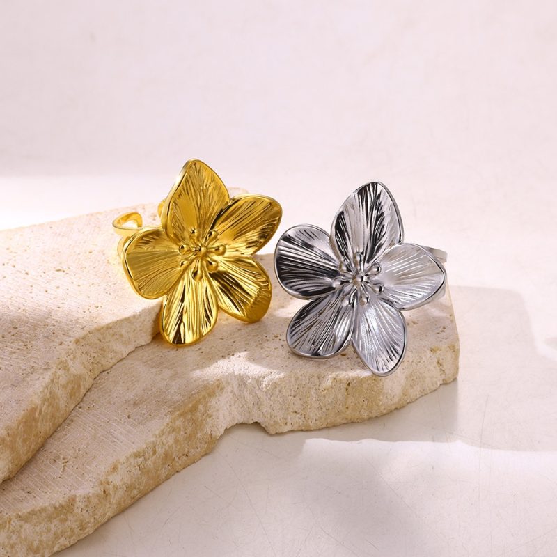 Elegant Stainless Steel Big Bloom Flower Rings For Women Gold Color New Style Open Rings Finger Jewelry Wedding Her Gift Punk - Image 5