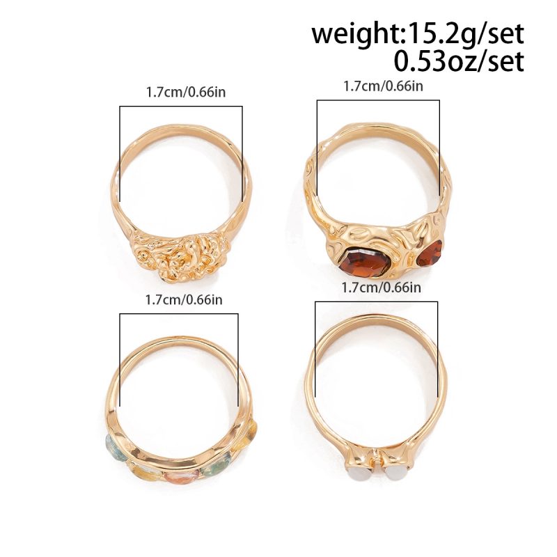 2024 New Tide Individuality Retro Geometric Hollowing Inlay Gem Rings SetLiquid State Metal Four-Piece Rings Set Paty Jewelry - Image 6