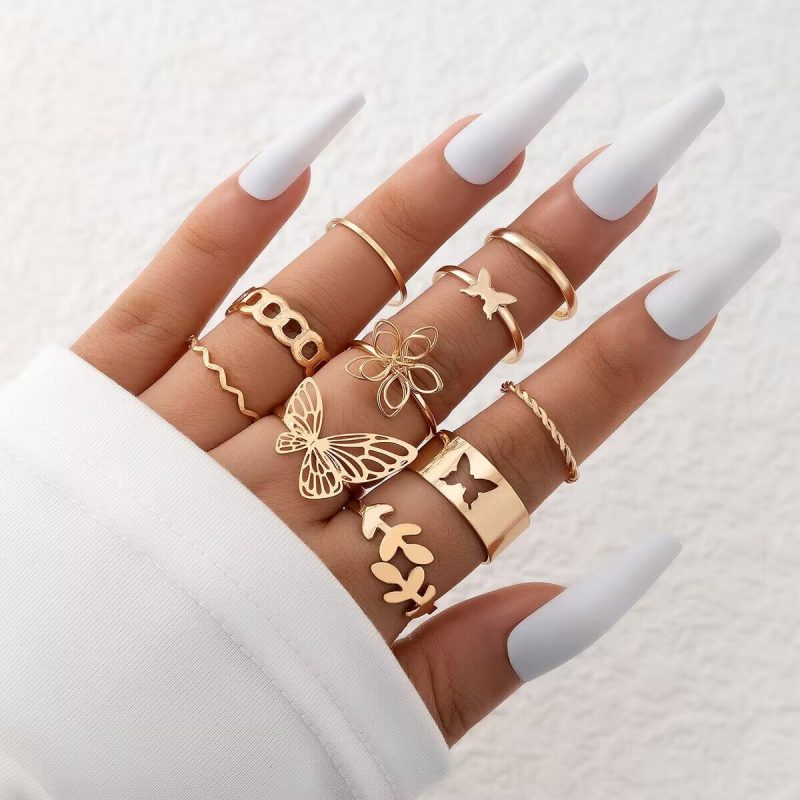2024 New Tide Individuality Retro Geometric Hollowing Inlay Gem Rings SetLiquid State Metal Four-Piece Rings Set Paty Jewelry - Image 11