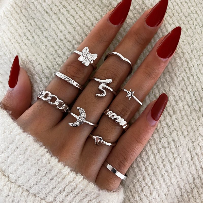 2024 New Tide Individuality Retro Geometric Hollowing Inlay Gem Rings SetLiquid State Metal Four-Piece Rings Set Paty Jewelry - Image 12