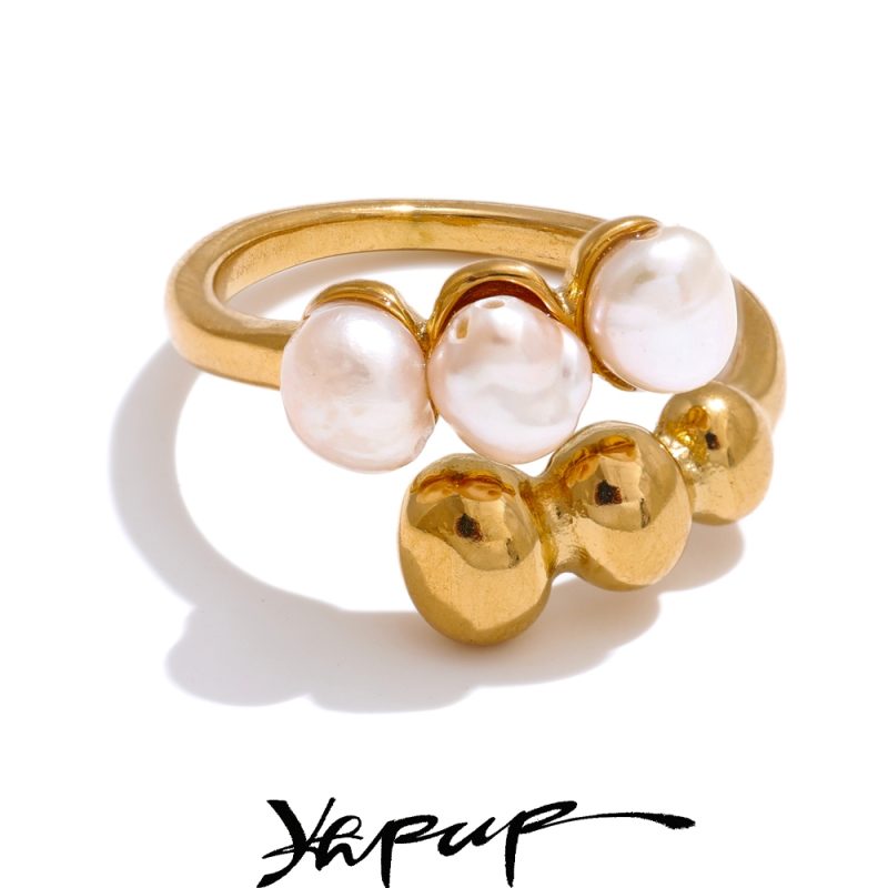 Yhpup Natural Freshwater Pearl High Quality Adjustable Embrace Ring for Women Stainless Steel Charm Fashion Jewelry Gift