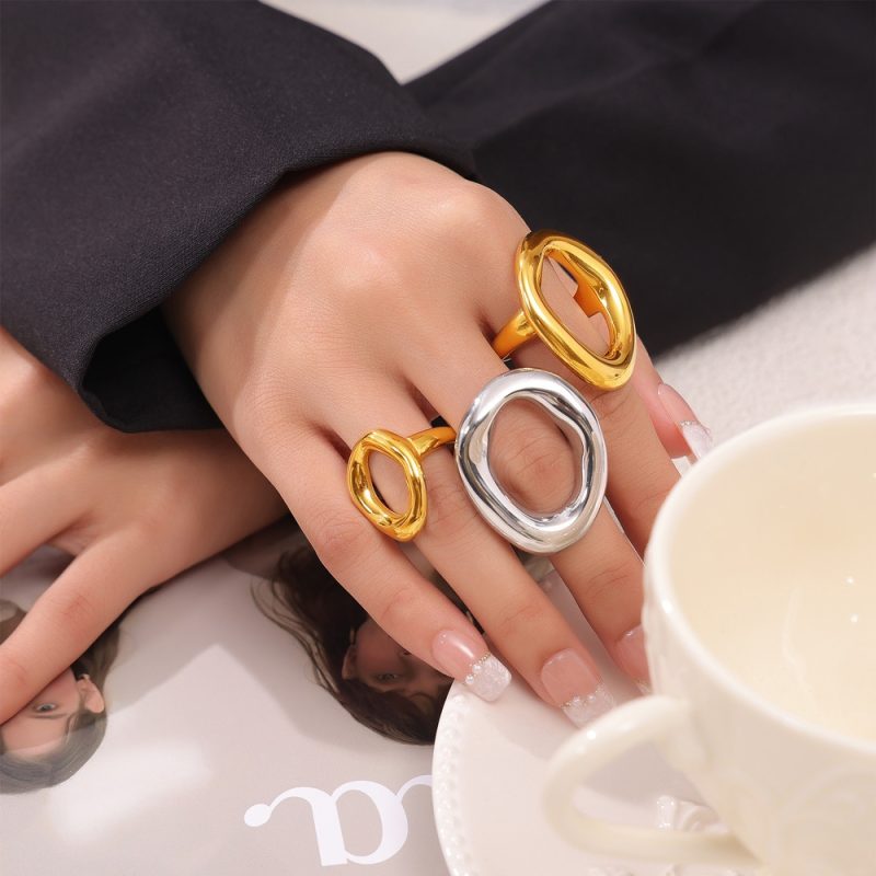 316L Stainless Steel Gold Plated Big Ring for Women Oval Hollow Personality Ring Female Luxury Waterproof Jewelry - Image 2