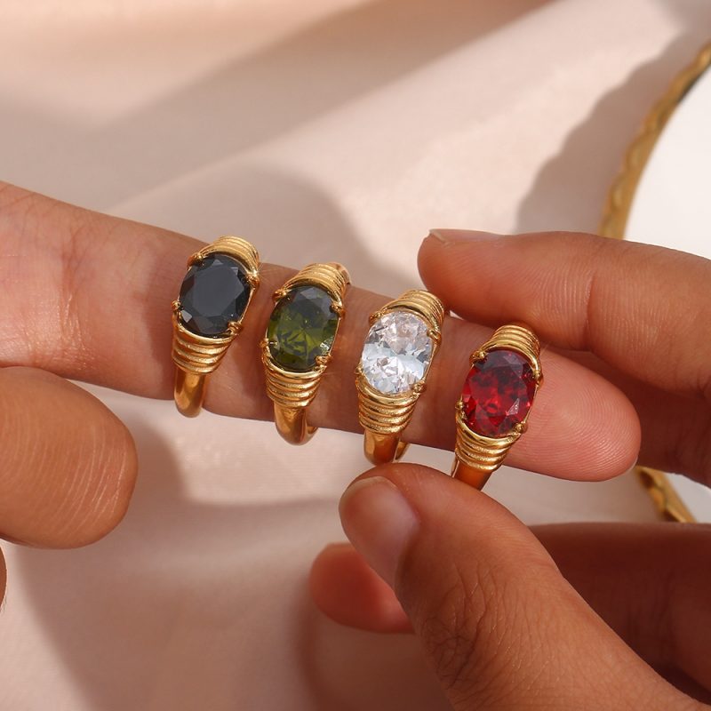 Strong Prong Setting Oval Cutt 3A Zircon Shiny Green Red Black White Stone Ring Stainless Steel 18K Gold Plated Rings For Women - Image 2