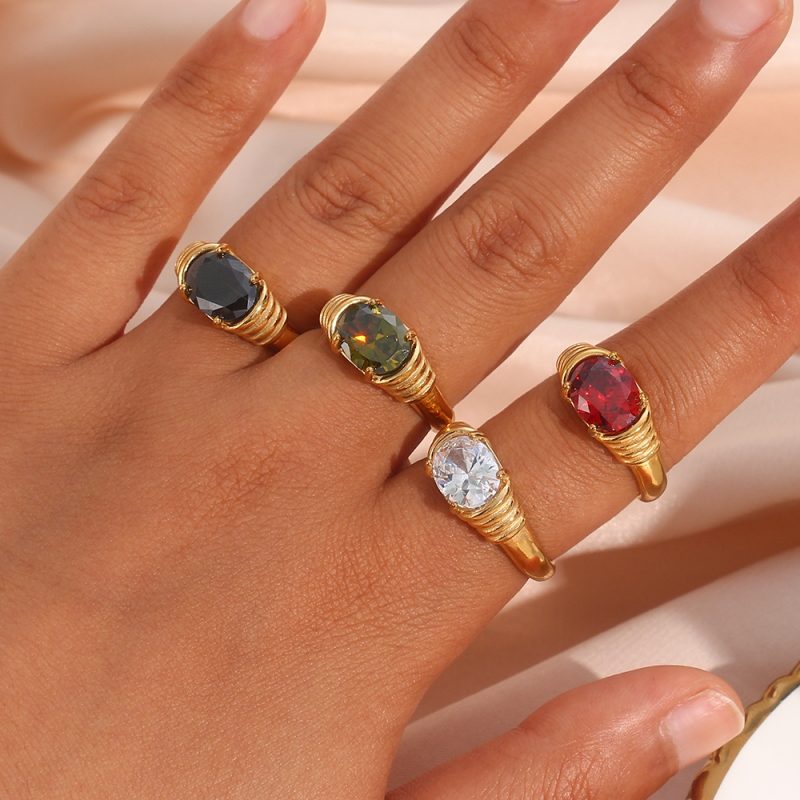 Strong Prong Setting Oval Cutt 3A Zircon Shiny Green Red Black White Stone Ring Stainless Steel 18K Gold Plated Rings For Women - Image 3