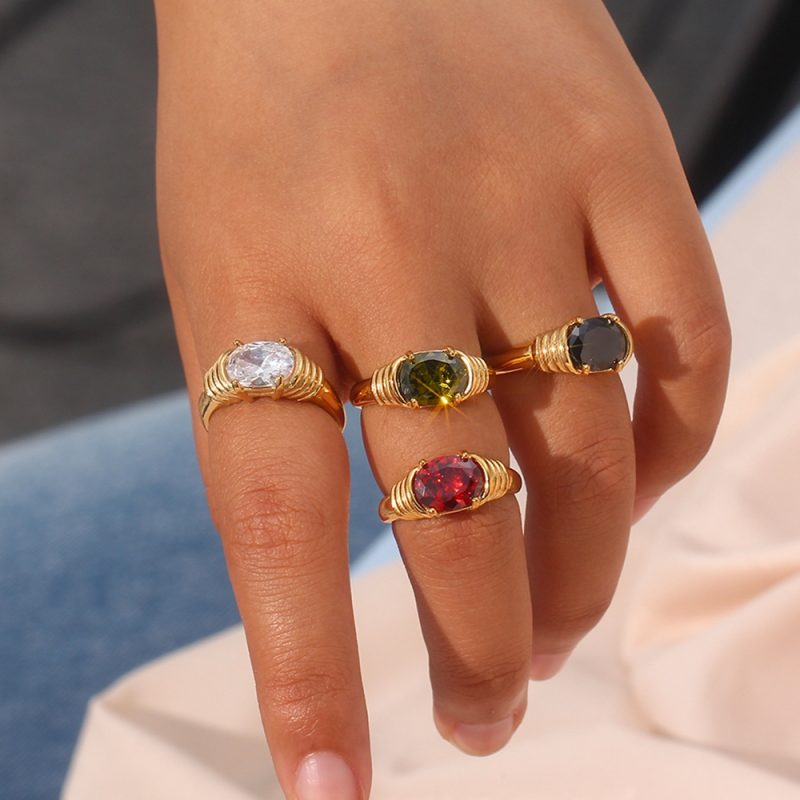 Strong Prong Setting Oval Cutt 3A Zircon Shiny Green Red Black White Stone Ring Stainless Steel 18K Gold Plated Rings For Women - Image 4