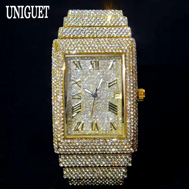 2025 Luxury Brand UNIGUET Quartz Diamond Watch For Men Fashion Hip Hop Full Diamond Bling Jewelry Wristwatches Man Dropshipping