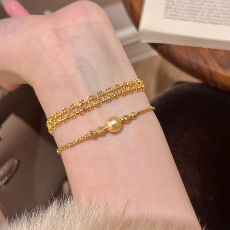 Luxurious 9999 24K real gold ribbon corrugated lace bracelet niche versatile stacked hand jewelry - Image 3