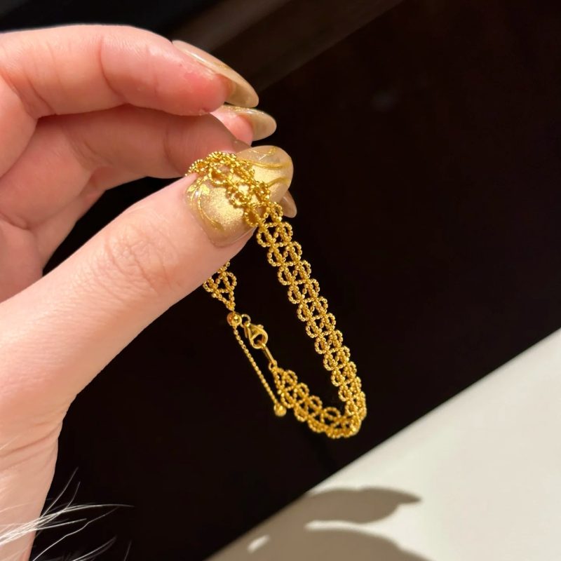 Luxurious 9999 24K real gold ribbon corrugated lace bracelet niche versatile stacked hand jewelry - Image 6