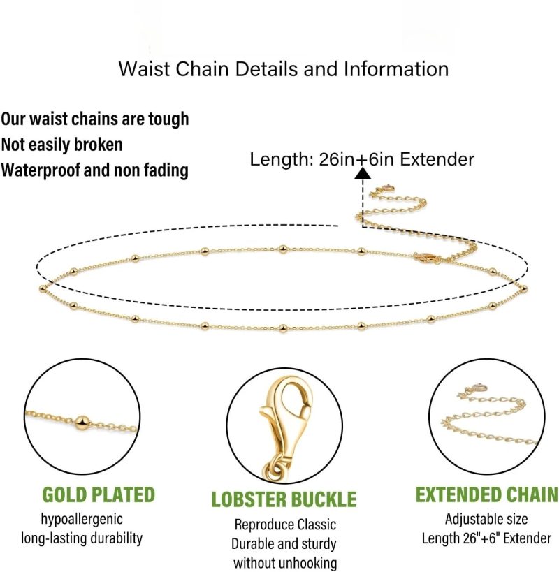 Adjustable Bikini Body Jewelry for Women, Waist Chains for Women Gold Plated Body Chains Satellite Beads Rope Belly Belt Chains - Image 4