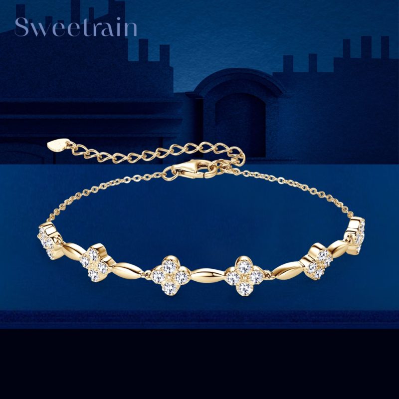 Sweetrain 925 Sterling Silver Flower Clover Moissanite Bracelet for Women 18k Gold Plated Fine Jewelry Gift GRA Certified
