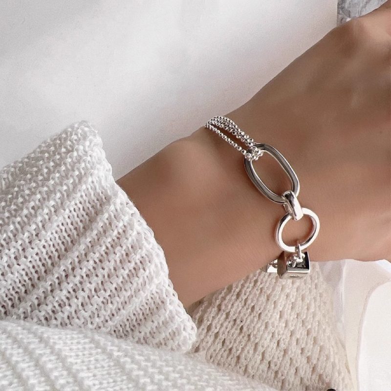 925 Sterling Silver Bracelet Geometric Cube Circle Punk Asymmetric Beaded For Woman Girl Fashion Jewelry Gift Dropship Wholesale - Image 2