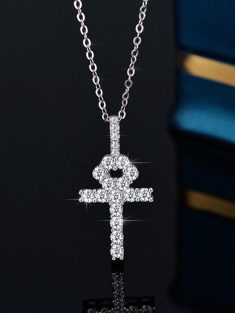 18K Real Platinum PT950 Necklace VVS Diamond French High-end Design Women's Cross Moissanite Square Full Diamond Clavicle Chain