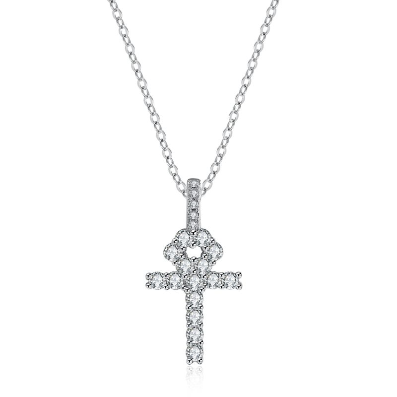 18K Real Platinum PT950 Necklace VVS Diamond French High-end Design Women's Cross Moissanite Square Full Diamond Clavicle Chain - Image 2