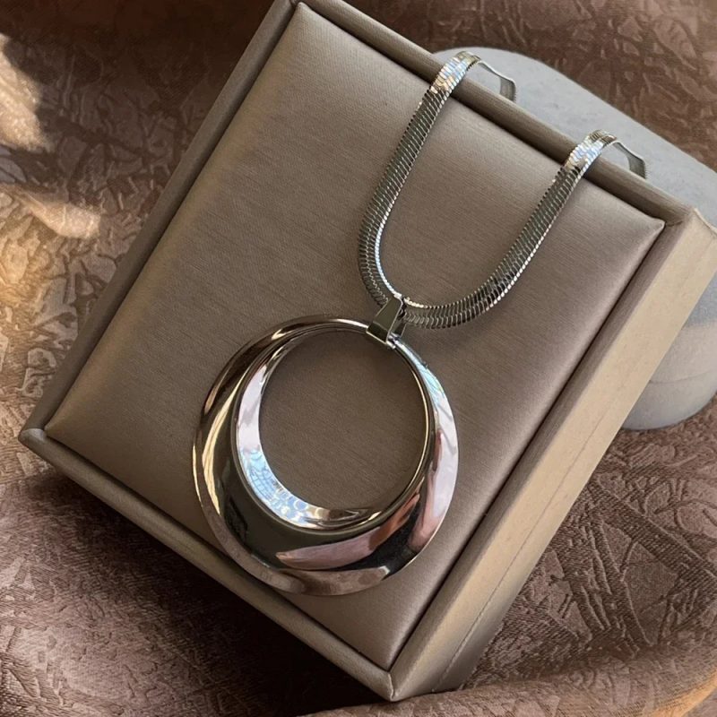 Stainless Steel Exaggerated Punk Big Round O Shaped Pendant Necklace Women Men Chunky Snake Blade Chain Grunge Steampunk Jewelry - Image 2