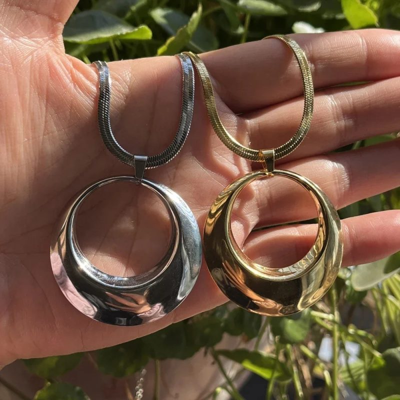 Stainless Steel Exaggerated Punk Big Round O Shaped Pendant Necklace Women Men Chunky Snake Blade Chain Grunge Steampunk Jewelry - Image 5