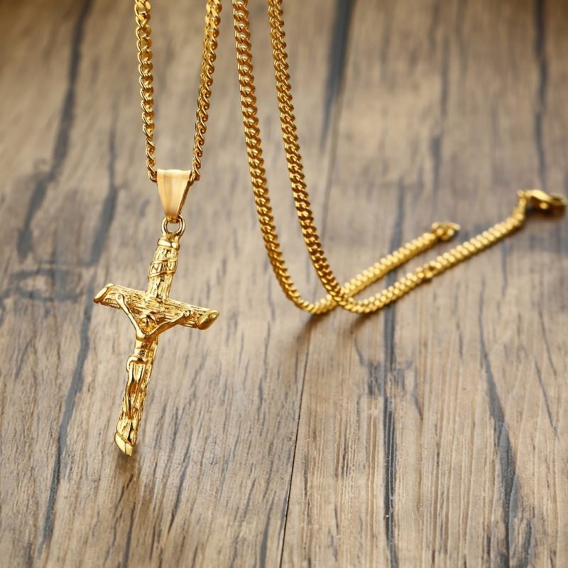 Stainless Steel Cross Necklace Catholicism Jesus Pendant Gold Color Collar Church Prayer Faith Jewelry for Men Women Gift - Image 2
