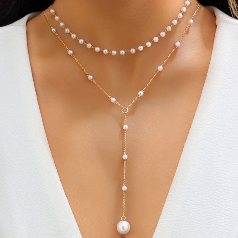Fashionable Double-layer Pearl Tassel Pendant Necklace, Elegant Women's Wedding Banquet Holiday Gift, Gorgeous Jewelry