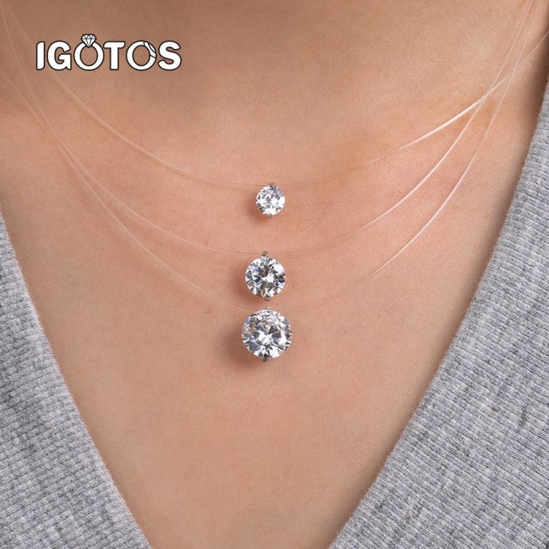 IGOTOS 0.5-5CT Moissanite Pendant Necklace Women Certified 925 Sterling Silver Transparent Fishing Line Choker Chain Jewelry