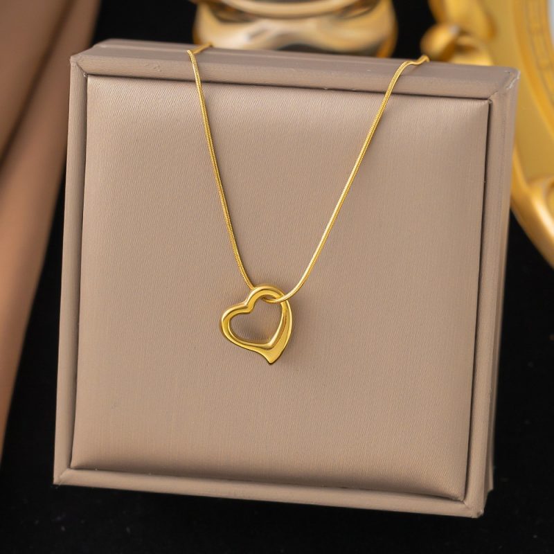 Stainless Steel Hollow Love Heart Pendant Snake Chain Necklace For Women Gold Color Clavicle Chain Non-fading Jewelry Gifts New - Image 2