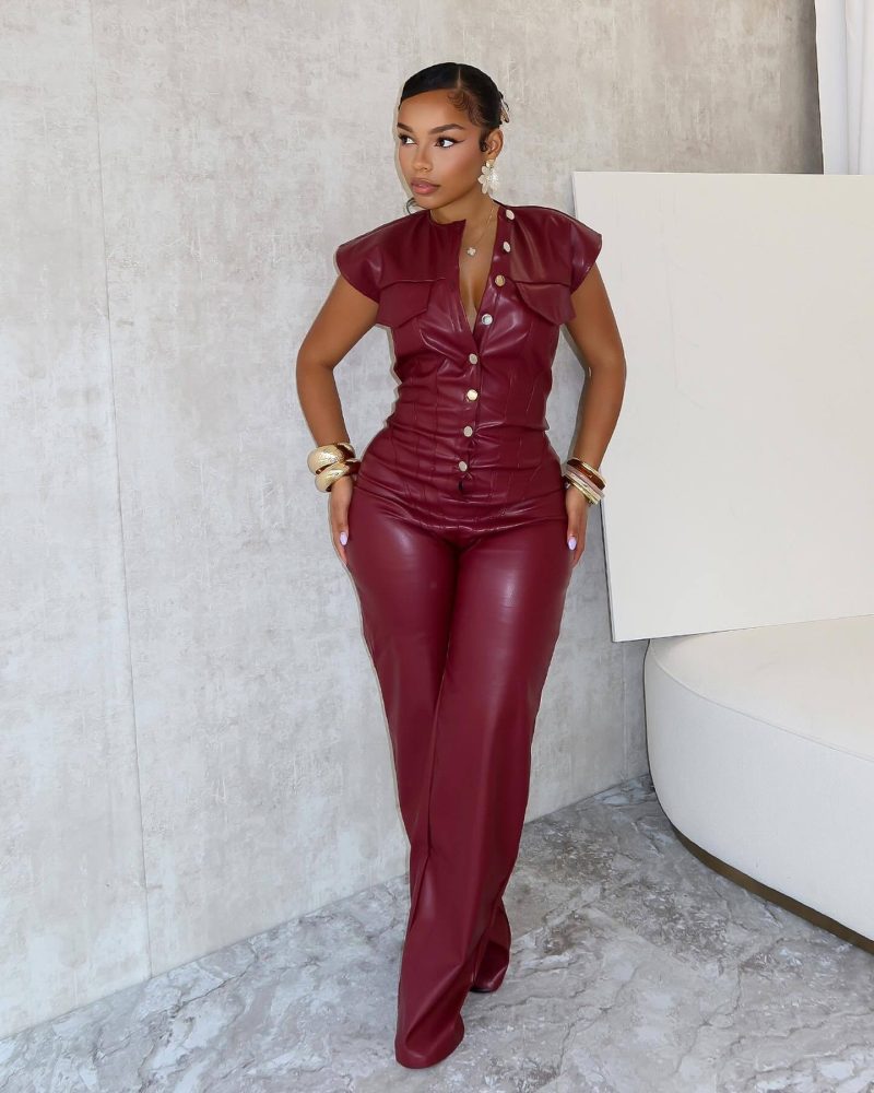 OL6163 Red Faux-Leather Sleeveless Jumpsuits Women Rompers Womens Button Details PU Leather Fitted Jumpsuits