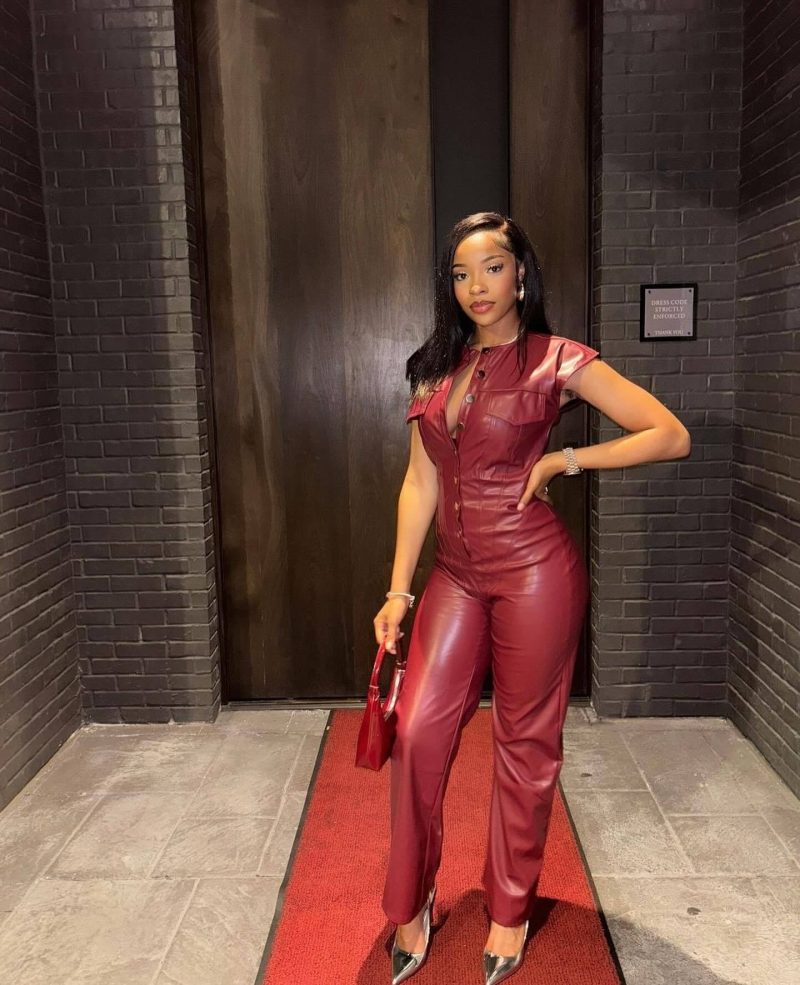 OL6163 Red Faux-Leather Sleeveless Jumpsuits Women Rompers Womens Button Details PU Leather Fitted Jumpsuits - Image 3