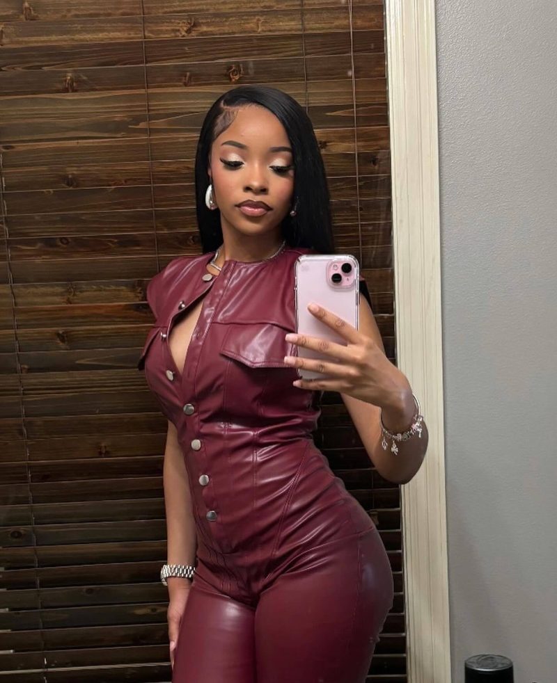 OL6163 Red Faux-Leather Sleeveless Jumpsuits Women Rompers Womens Button Details PU Leather Fitted Jumpsuits - Image 4