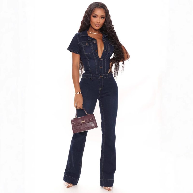 Demin Overalls Women Jumpsuits Mom Jeans One Piece Long Pants Y2k High Waist Single Breasted Rompers Streetwear Party Club Work