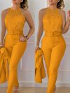 Two Piece Set Women Outfit 2024 Summer Fashion Hollow Out Round Neck Sleeveless Tank Top & Casual Pocket Daily Pants Set