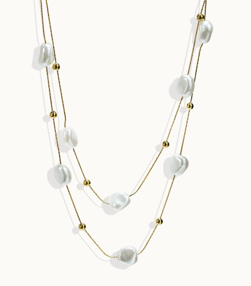 "Lxalry 18K Gold Plated Stainless Steel Faux Pearl Double Layer Necklace for Women – Elegant Tarnish-Free Hypoallergenic Jewelry - Image 2