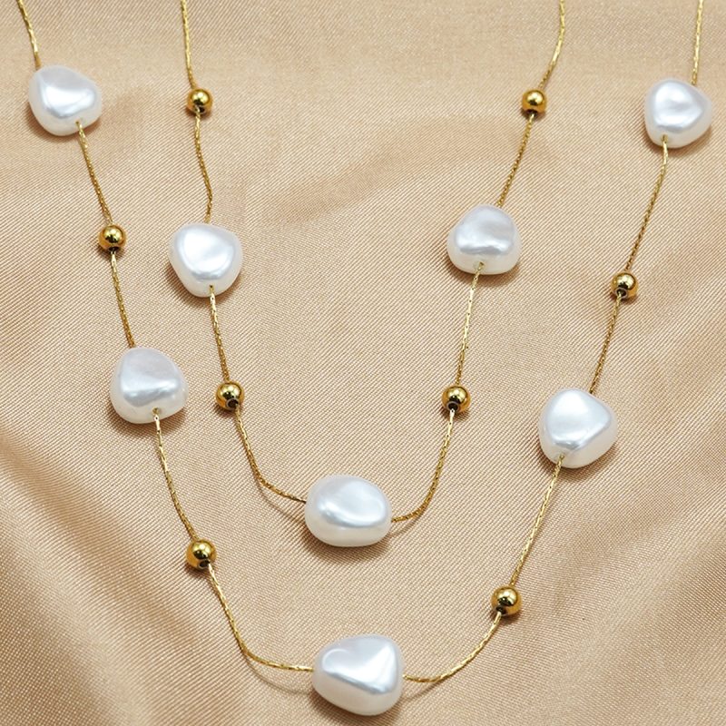 "Lxalry 18K Gold Plated Stainless Steel Faux Pearl Double Layer Necklace for Women – Elegant Tarnish-Free Hypoallergenic Jewelry - Image 3