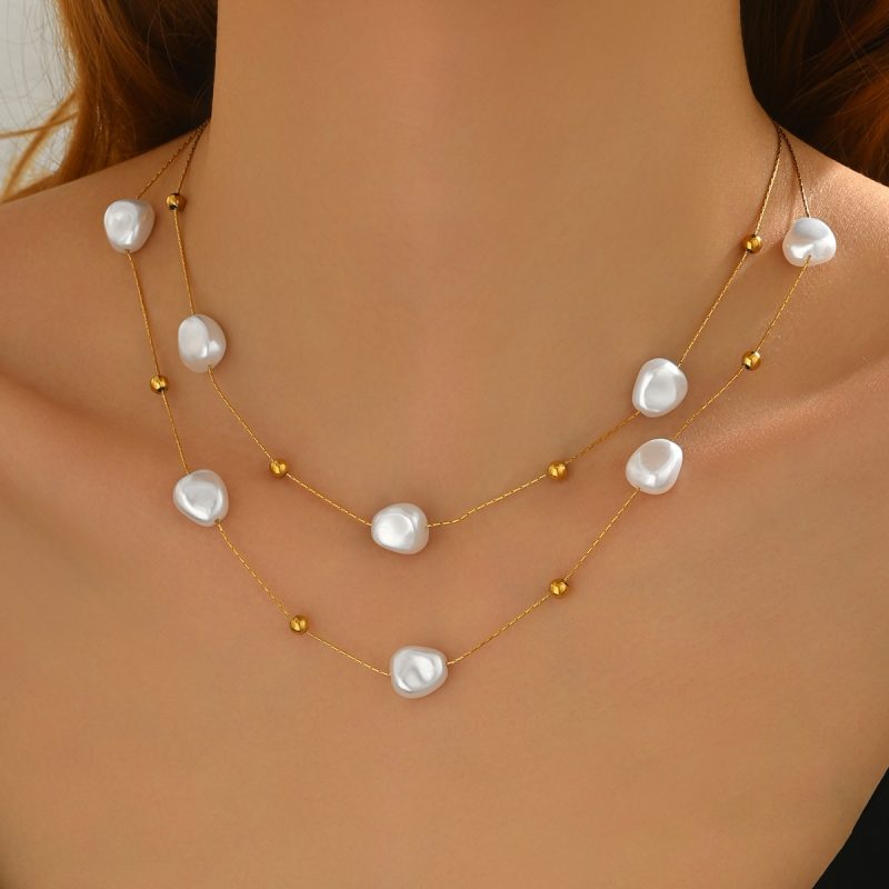 "Lxalry 18K Gold Plated Stainless Steel Faux Pearl Double Layer Necklace for Women – Elegant Tarnish-Free Hypoallergenic Jewelry - Image 4