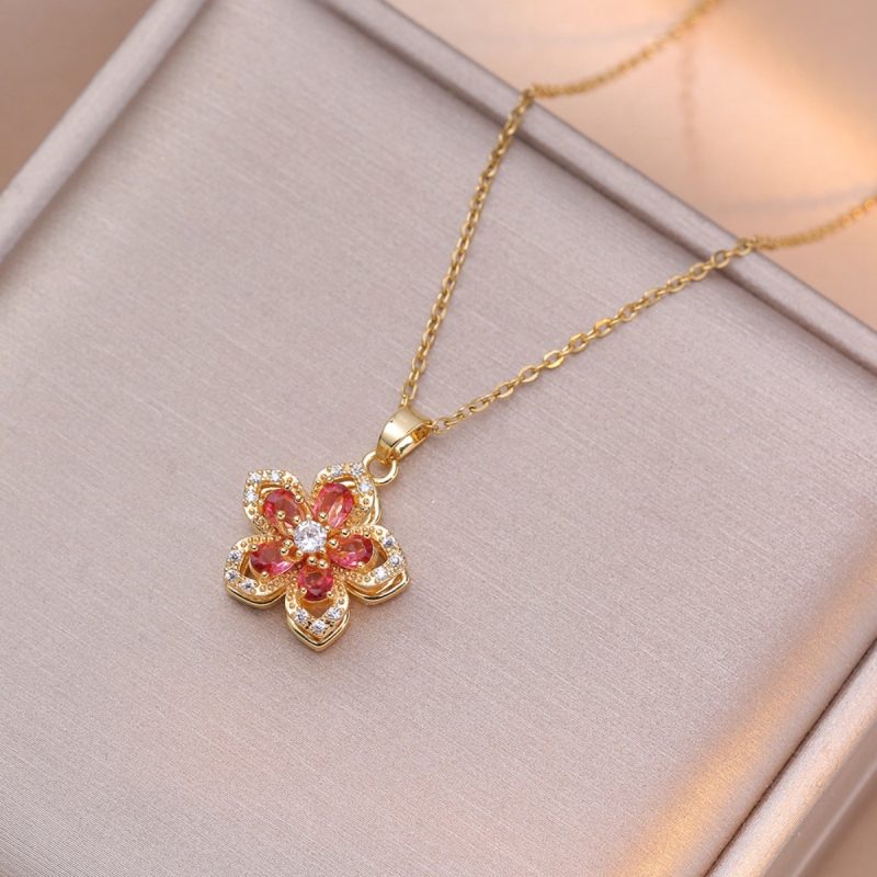 Light Luxury Shiny Zircon Rotatable Flower Pendant Necklace For Women Stainless Steel Romantic Spin Floral Plant Choker Jewelry - Image 2