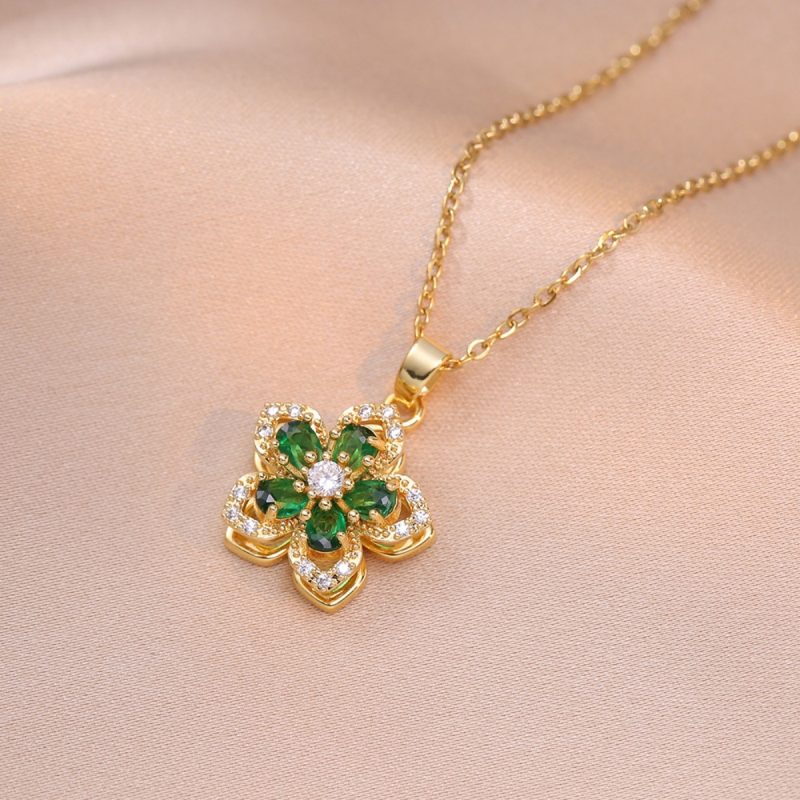 Light Luxury Shiny Zircon Rotatable Flower Pendant Necklace For Women Stainless Steel Romantic Spin Floral Plant Choker Jewelry - Image 4