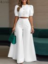 2025 ZANZA Fashion Summer Trousers Suit 2PCS Women Matching Sets Elegant Short Sleeve Blouse Wide Leg Pant Sets OL Work Outfits