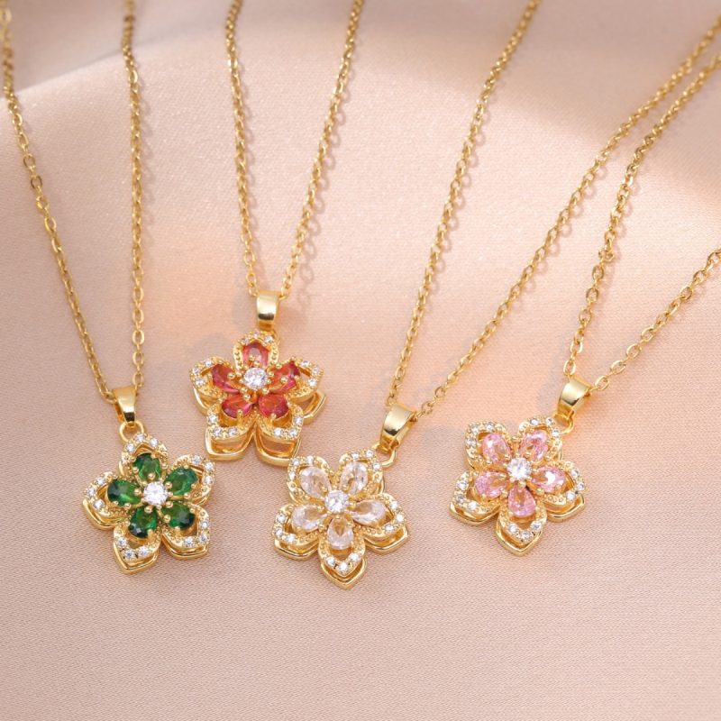 Light Luxury Shiny Zircon Rotatable Flower Pendant Necklace For Women Stainless Steel Romantic Spin Floral Plant Choker Jewelry - Image 6