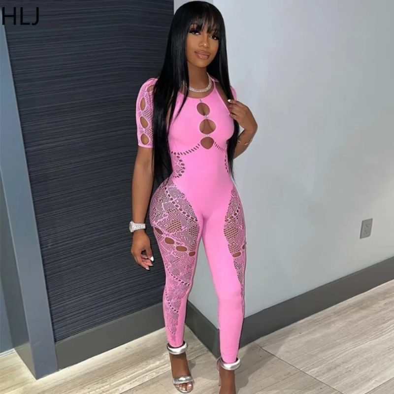 HLJ&GG Sexy Lace Hollow Bodycon Party Nightclub Jumpsuits Women Short Sleeve Skinny Pants Playsuits Female Hole Overalls 2025