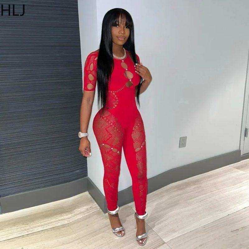 HLJ&GG Sexy Lace Hollow Bodycon Party Nightclub Jumpsuits Women Short Sleeve Skinny Pants Playsuits Female Hole Overalls 2025 - Image 2