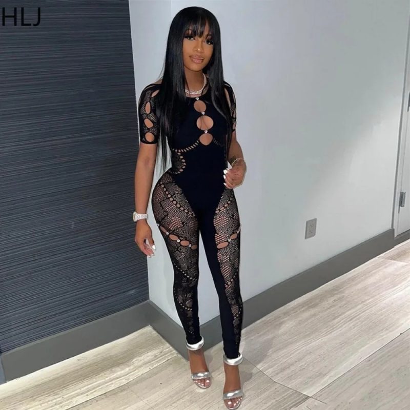 HLJ&GG Sexy Lace Hollow Bodycon Party Nightclub Jumpsuits Women Short Sleeve Skinny Pants Playsuits Female Hole Overalls 2025 - Image 3