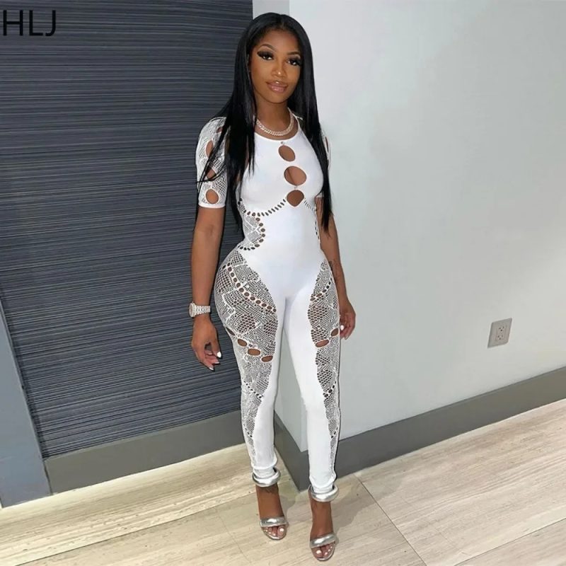 HLJ&GG Sexy Lace Hollow Bodycon Party Nightclub Jumpsuits Women Short Sleeve Skinny Pants Playsuits Female Hole Overalls 2025 - Image 4