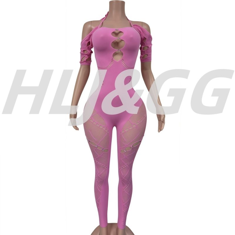 HLJ&GG Sexy Lace Hollow Bodycon Party Nightclub Jumpsuits Women Short Sleeve Skinny Pants Playsuits Female Hole Overalls 2025 - Image 5