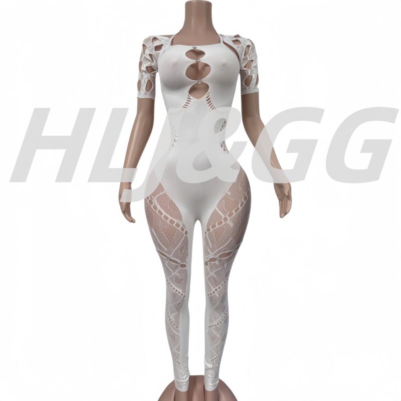 HLJ&GG Sexy Lace Hollow Bodycon Party Nightclub Jumpsuits Women Short Sleeve Skinny Pants Playsuits Female Hole Overalls 2025 - Image 9