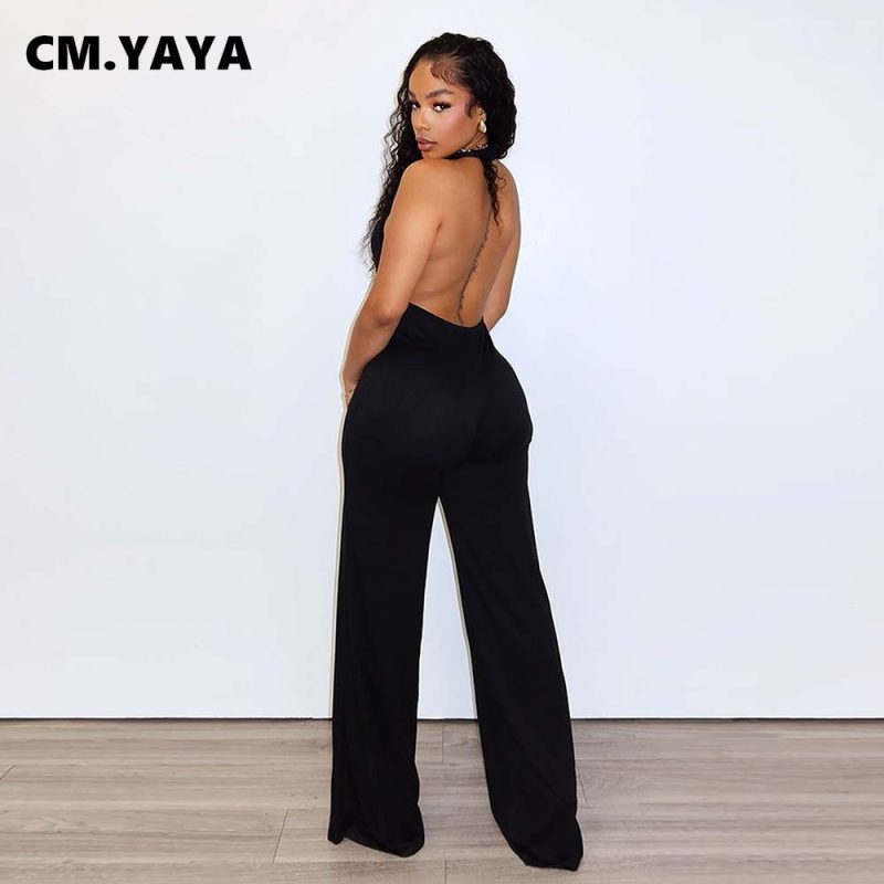 CM.YAYA Women V-Neck Backless Wide Leg Straight Sleeveless Jumpsuits 2025 Summer Halter Sexy One Piece Set Streetwear Outfits - Image 2