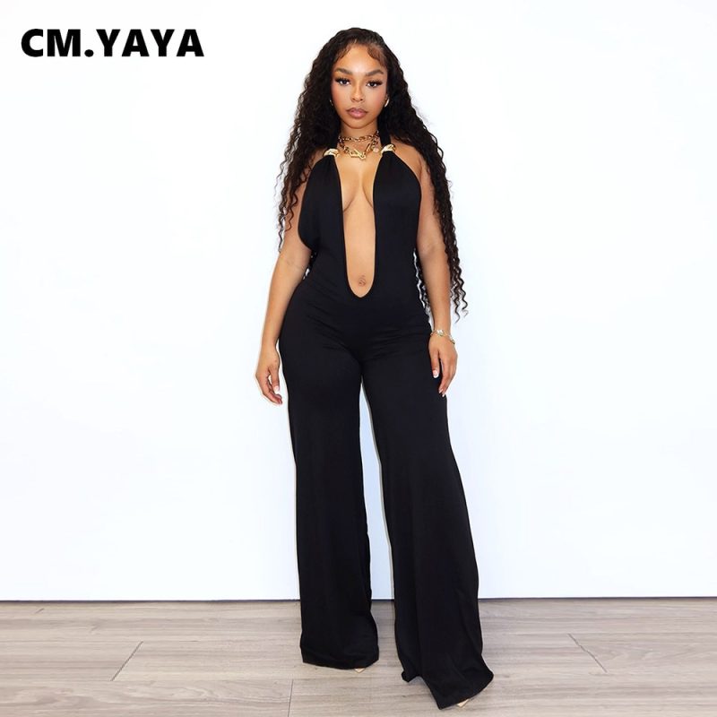CM.YAYA Women V-Neck Backless Wide Leg Straight Sleeveless Jumpsuits 2025 Summer Halter Sexy One Piece Set Streetwear Outfits - Image 3