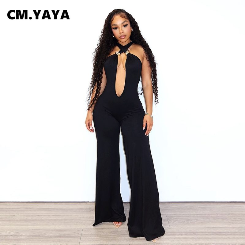 CM.YAYA Women V-Neck Backless Wide Leg Straight Sleeveless Jumpsuits 2025 Summer Halter Sexy One Piece Set Streetwear Outfits - Image 4