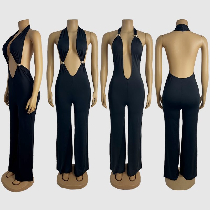 CM.YAYA Women V-Neck Backless Wide Leg Straight Sleeveless Jumpsuits 2025 Summer Halter Sexy One Piece Set Streetwear Outfits - Image 5