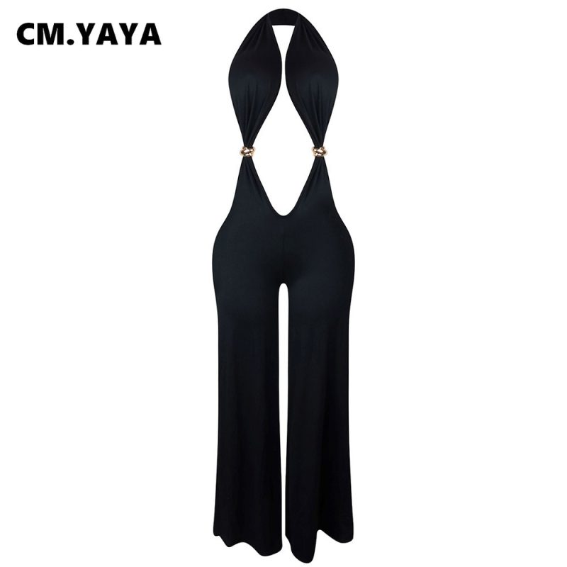 CM.YAYA Women V-Neck Backless Wide Leg Straight Sleeveless Jumpsuits 2025 Summer Halter Sexy One Piece Set Streetwear Outfits - Image 6