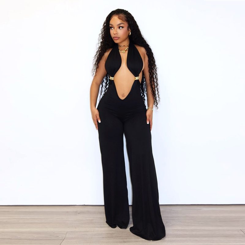 CM.YAYA Women V-Neck Backless Wide Leg Straight Sleeveless Jumpsuits 2025 Summer Halter Sexy One Piece Set Streetwear Outfits - Image 7
