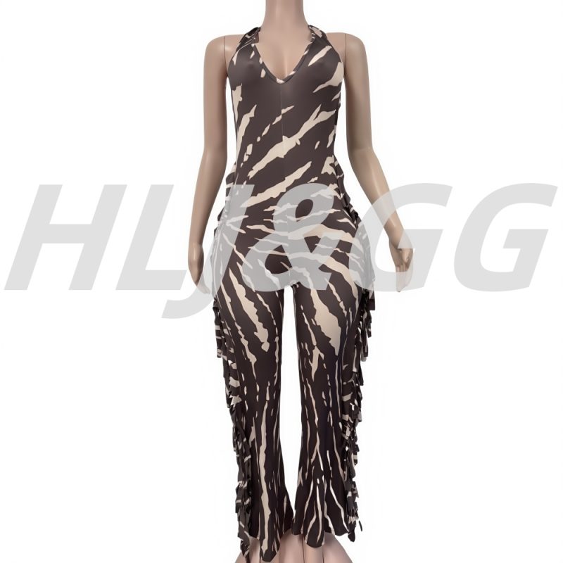 HLJ Sexy Striped Print Tassel Patchwork Bodycon Jumpsuit Women Halter Backless Skinny Rompers Female Party Clubwear Overalls New - Image 5
